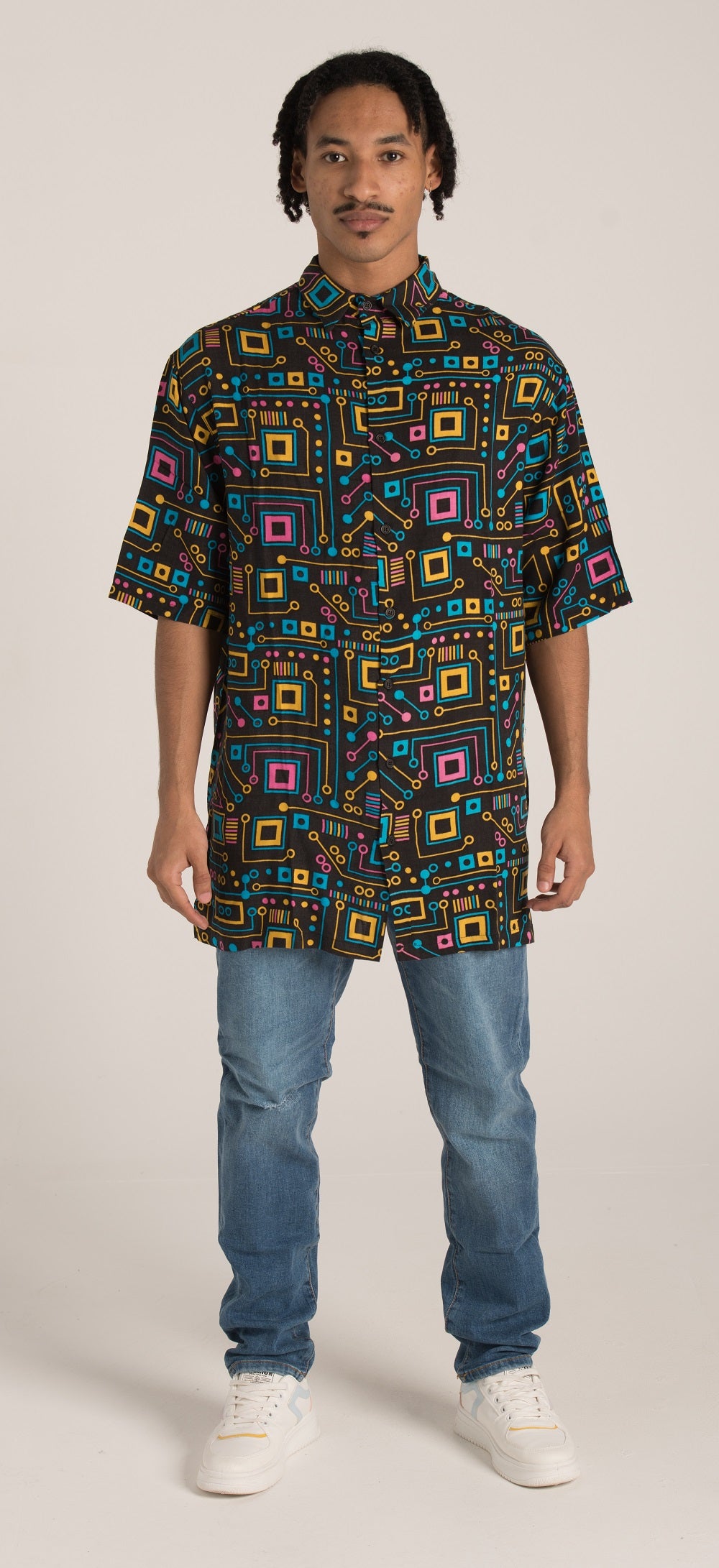 BLACK SHIRT WITH ALLOVER PRIN S24M575